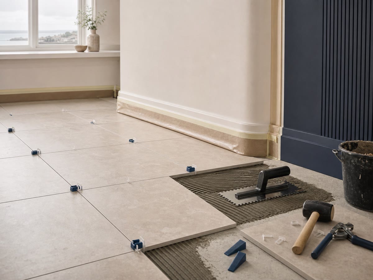 Illustration — Carrelage intérieur en cours de pose avec croisillons et préparation du support
